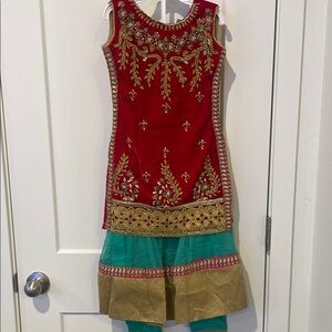 Girls Red & Green Embroidered Party Dress